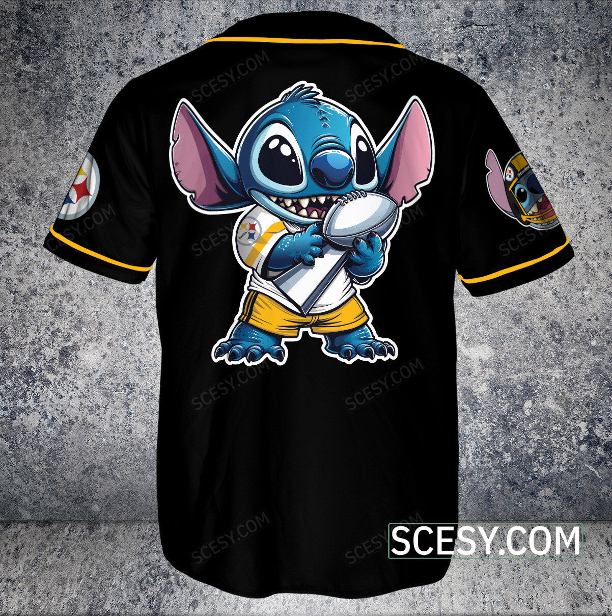 Pittsburgh Steelers Lilo And Stitch Baseball Jersey Black Pipping (2)