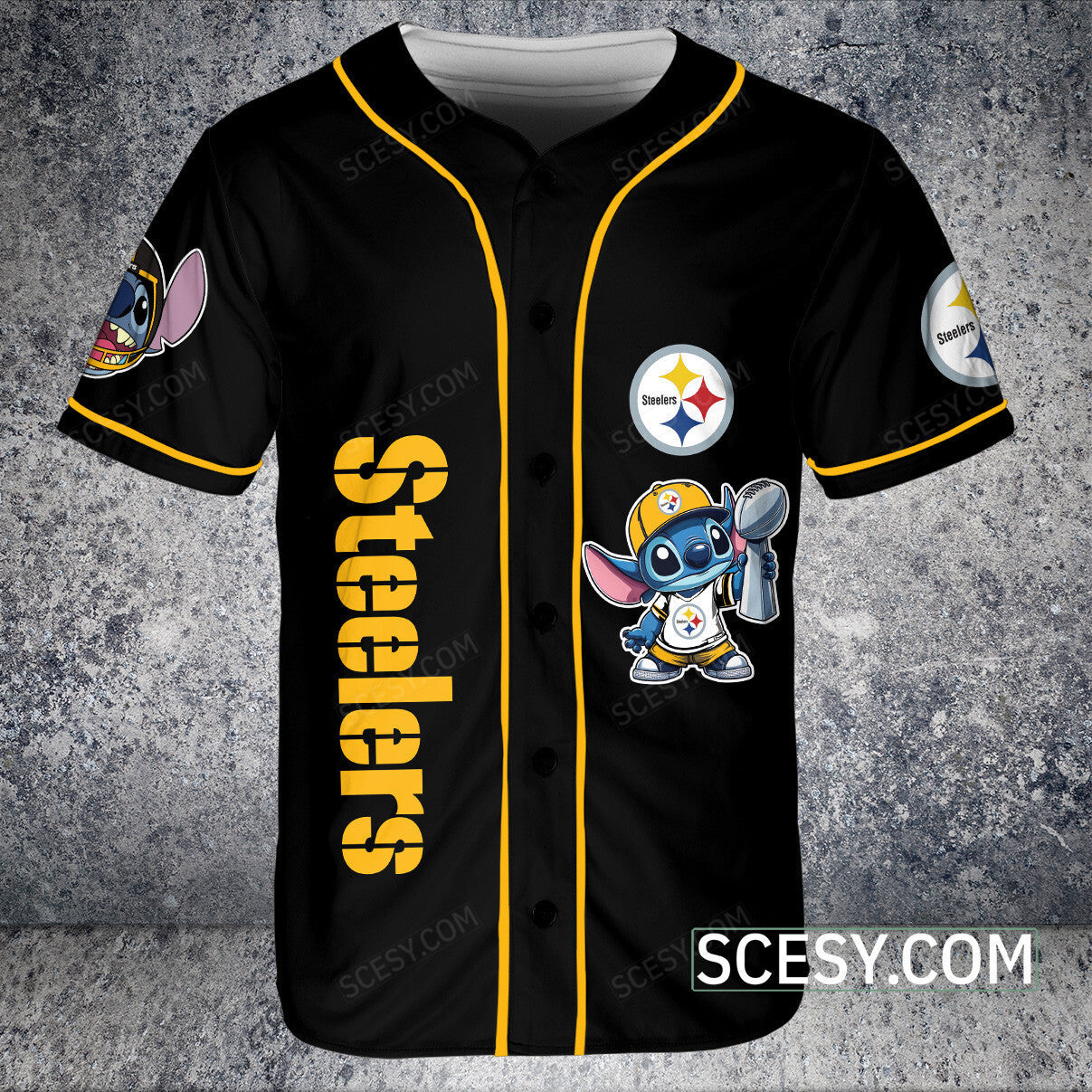 Pittsburgh Steelers Lilo And Stitch Baseball Jersey Black Pipping (2)