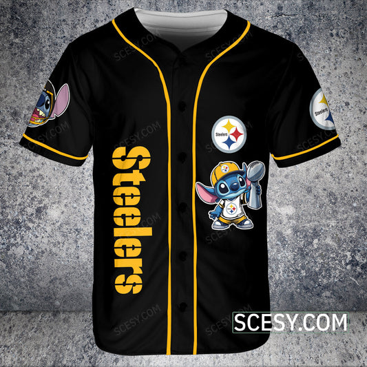 Pittsburgh Steelers Lilo And Stitch Baseball Jersey Black Pipping (2)