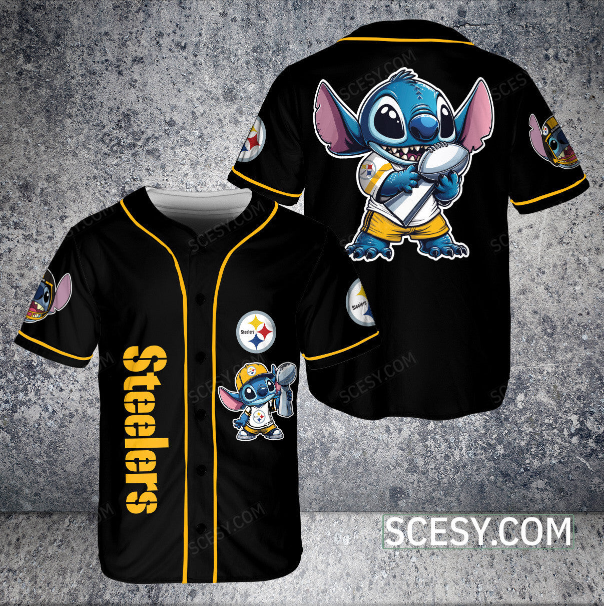 Pittsburgh Steelers Lilo And Stitch Baseball Jersey Black Pipping (2)