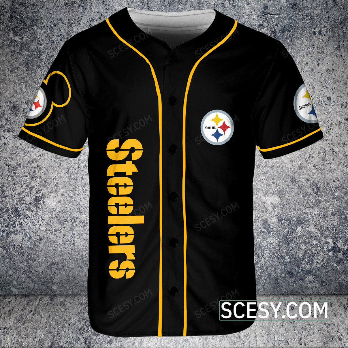 Pittsburgh Steelers Mickey Baseball Jersey Black Pipping