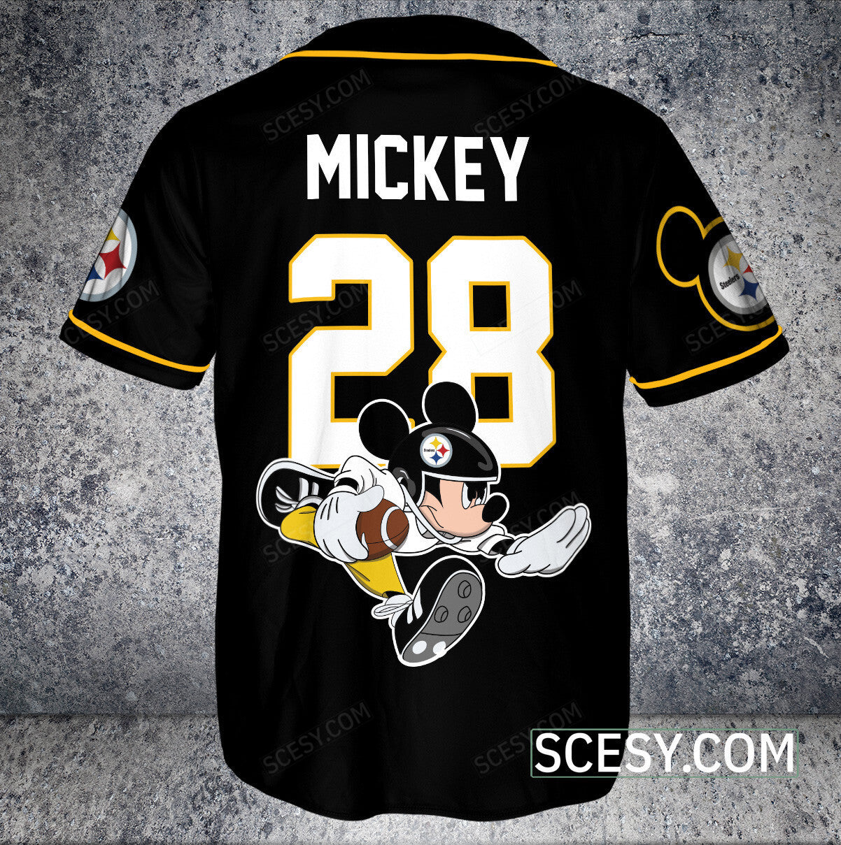 Pittsburgh Steelers Mickey Baseball Jersey Black Pipping