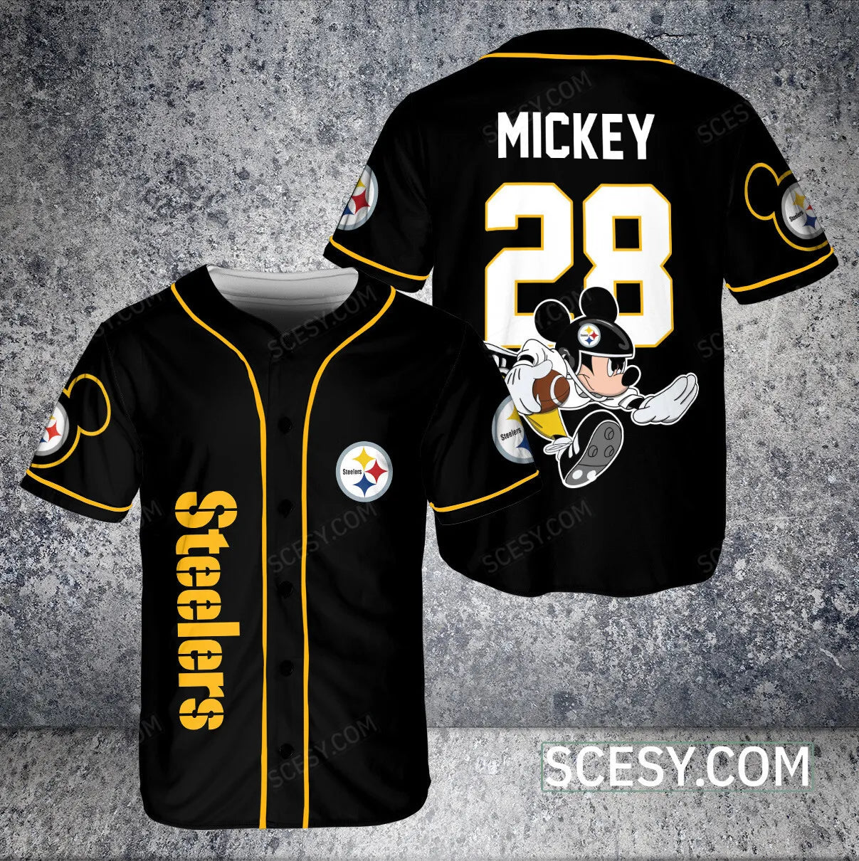 Pittsburgh Steelers Mickey Baseball Jersey Black Pipping