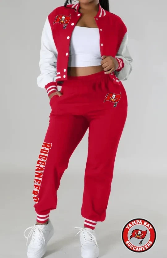Tampa Bay Buccaneers Women’s Outfits Varsity Jacket Crop Tops Sweatpants Tracksuit AZBTVJSP000014