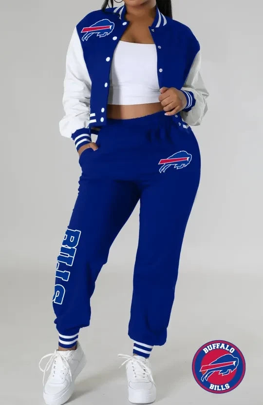 Buffalo Bills Women’s Outfits Varsity Jacket Crop Tops Sweatpants Tracksuit AZBTVJSP000008