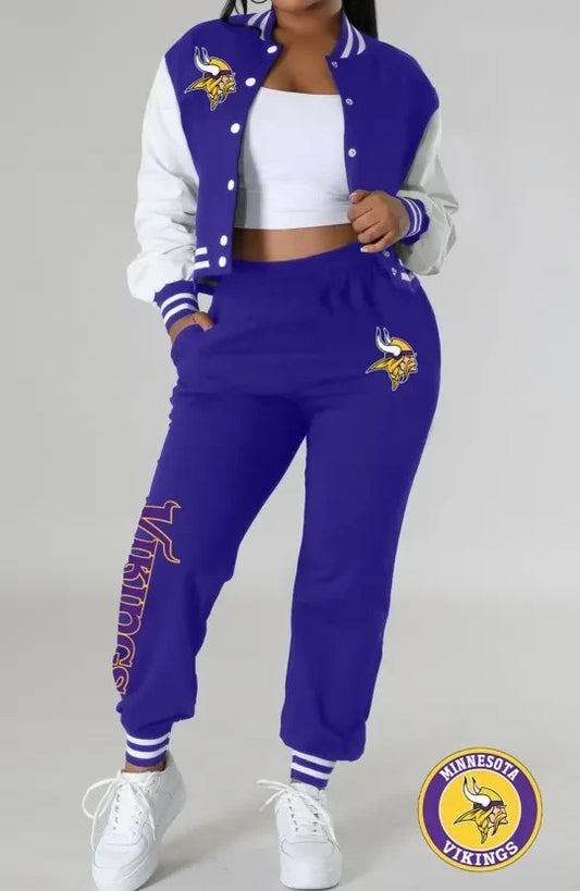 Minnesota Vikings Women’s Outfits Varsity Jacket Crop Tops Sweatpants Tracksuit AZBTVJSP000003