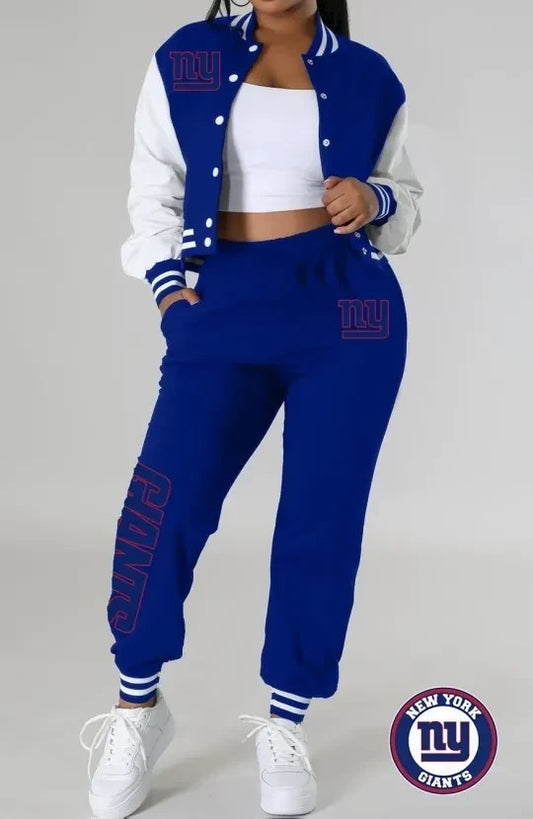New York Giants Women’s Outfits Varsity Jacket Crop Tops Sweatpants Tracksuit AZBTVJSP000013