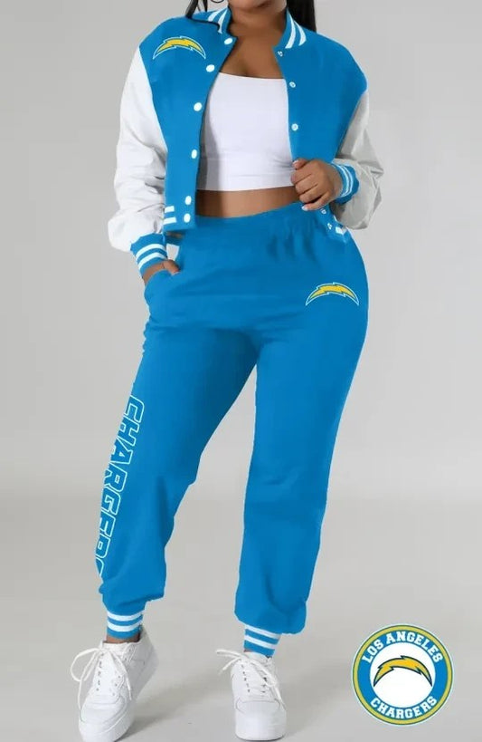 Los Angeles Chargers Women’s Outfits Varsity Jacket Crop Tops Sweatpants Tracksuit AZBTVJSP000005