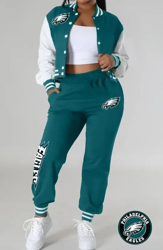 Philadelphia Eagles Women’s Outfits Varsity Jacket Crop Tops Sweatpants Tracksuit AZBTVJSP000009