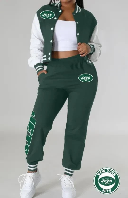 New York Jets Women’s Outfits Varsity Jacket Crop Tops Sweatpants Tracksuit AZBTVJSP000004