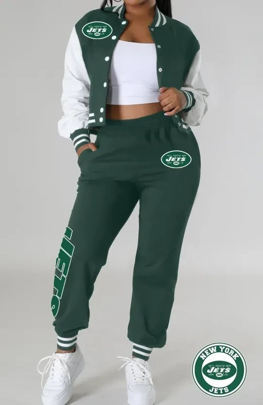New York Jets Women’s Outfits Varsity Jacket Crop Tops Sweatpants Tracksuit AZBTVJSP000004