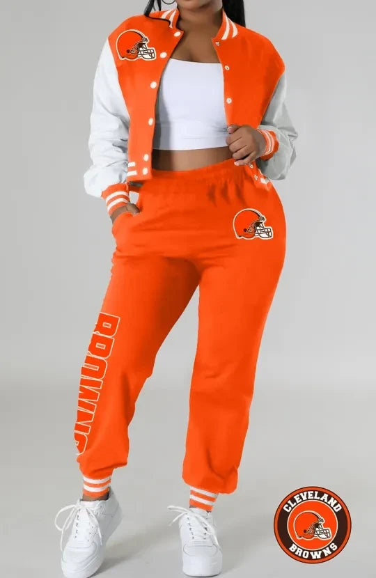 Cleveland Browns Women’s Outfits Varsity Jacket Crop Tops Sweatpants Tracksuit AZBTVJSP000024