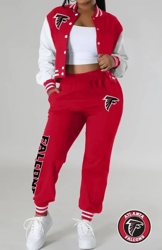 Atlanta Falcons Women’s Outfits Varsity Jacket Crop Tops Sweatpants Tracksuit AZBTVJSP000011