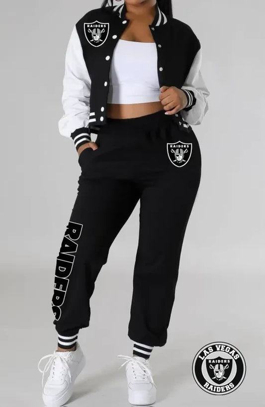 Las Vegas Raiders Women’s Outfits Varsity Jacket Crop Tops Sweatpants Tracksuit AZBTVJSP000007