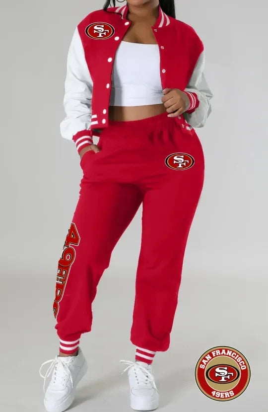San Francisco 49ers Women’s Outfits Varsity Jacket Crop Tops Sweatpants Tracksuit AZBTVJSP000010