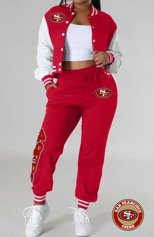 San Francisco 49ers Women’s Outfits Varsity Jacket Crop Tops Sweatpants Tracksuit AZBTVJSP000010