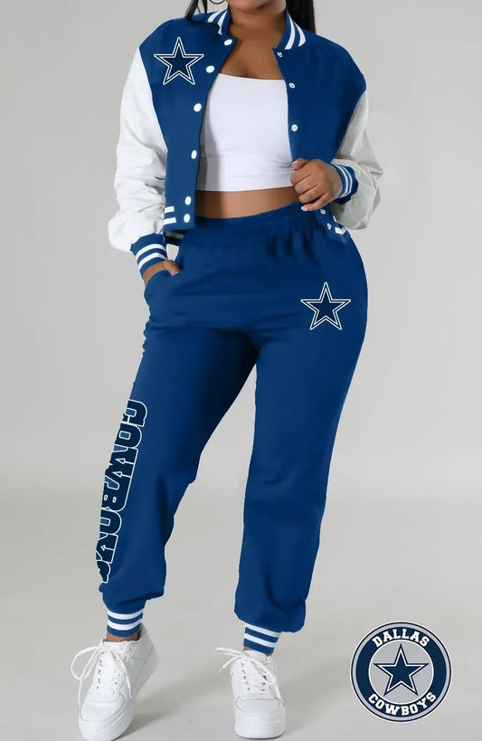 Dallas Cowboys Women’s Outfits Varsity Jacket Crop Tops Sweatpants Tracksuit AZBTVJSP000031