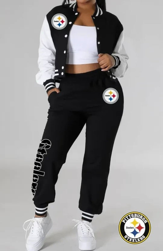 Pittsburgh Steelers Women’s Outfits Varsity Jacket Crop Tops Sweatpants Tracksuit AZBTVJSP000019