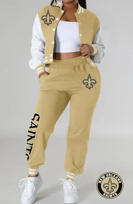 New Orleans Saints Women’s Outfits Varsity Jacket Crop Tops Sweatpants Tracksuit AZBTVJSP000022