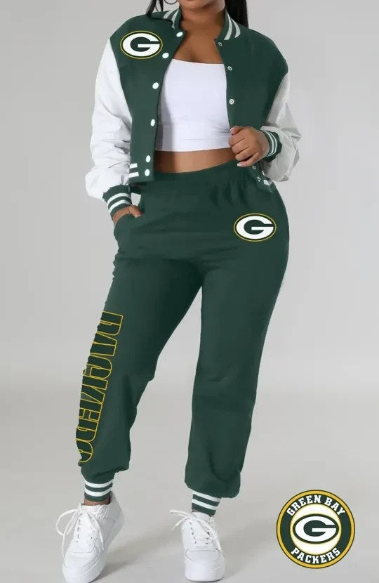 Green Bay Packers Women’s Outfits Varsity Jacket Crop Tops Sweatpants Tracksuit AZBTVJSP000027