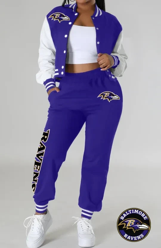 Baltimore Ravens Women’s Outfits Varsity Jacket Crop Tops Sweatpants Tracksuit AZBTVJSP000030