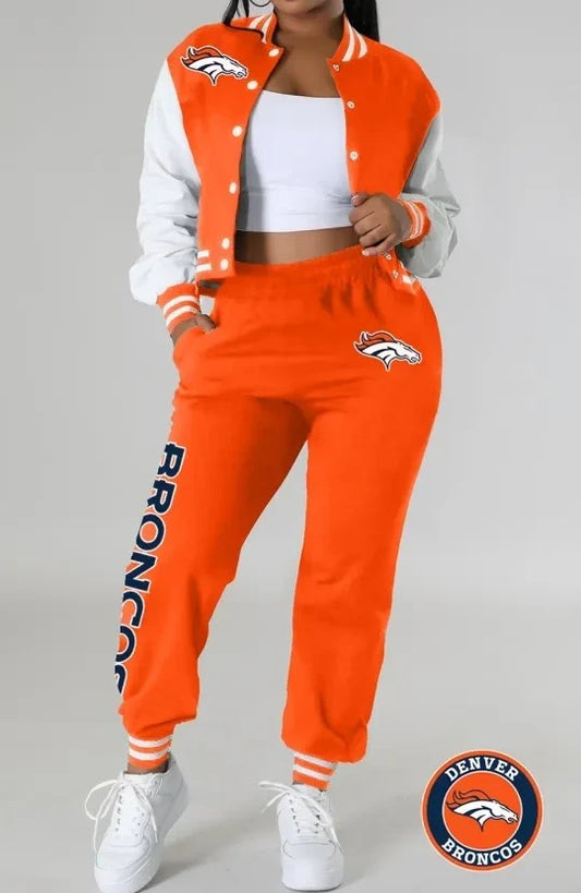 Denver Broncos Women’s Outfits Varsity Jacket Crop Tops Sweatpants Tracksuit AZBTVJSP000029