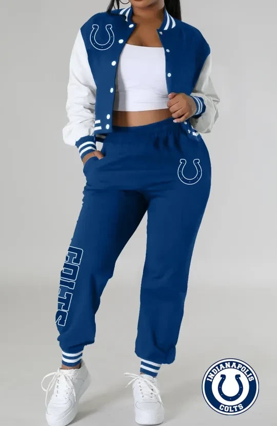 Indianapolis Colts Women’s Outfits Varsity Jacket Crop Tops Sweatpants Tracksuit AZBTVJSP000025
