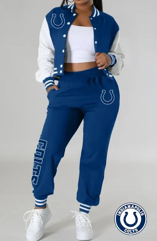 Indianapolis Colts Women’s Outfits Varsity Jacket Crop Tops Sweatpants Tracksuit AZBTVJSP000025