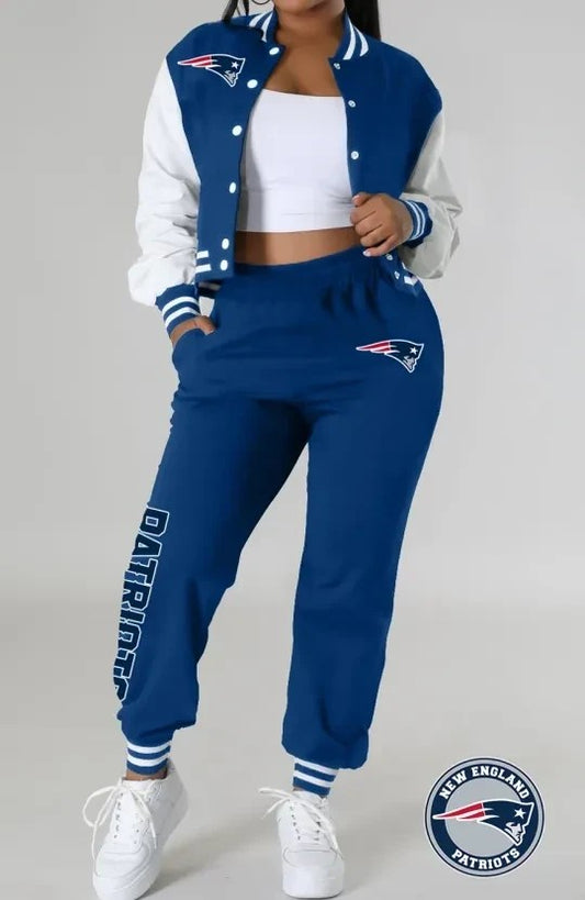 New England Patriots Women’s Outfits Varsity Jacket Crop Tops Sweatpants Tracksuit AZBTVJSP000017