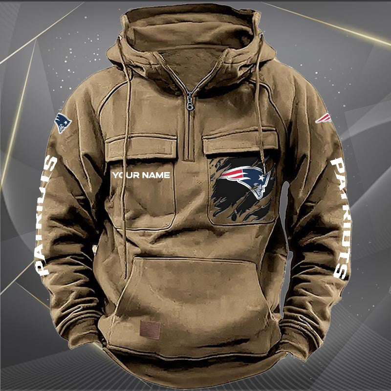 New England Patriots New Personalized Multi-Pockets Zip Hoodie AZBTMZHD000053
