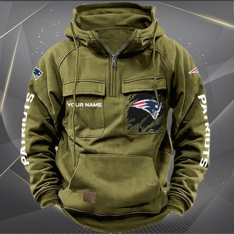New England Patriots New Personalized Multi-Pockets Zip Hoodie AZBTMZHD000053