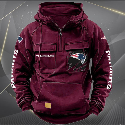 New England Patriots New Personalized Multi-Pockets Zip Hoodie AZBTMZHD000053