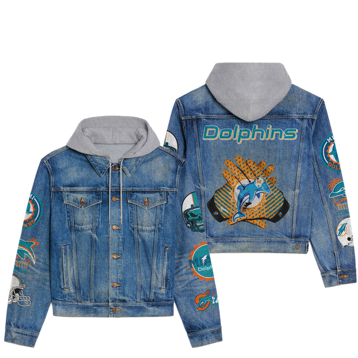 Miami Dolphins   Premium Hooded Denim Jacket New Collection AZBTHDJ000029