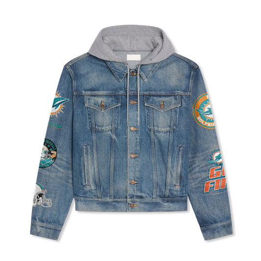 Miami Dolphins Premium Hooded Denim Jacket New Collection AZBTHDJ000005