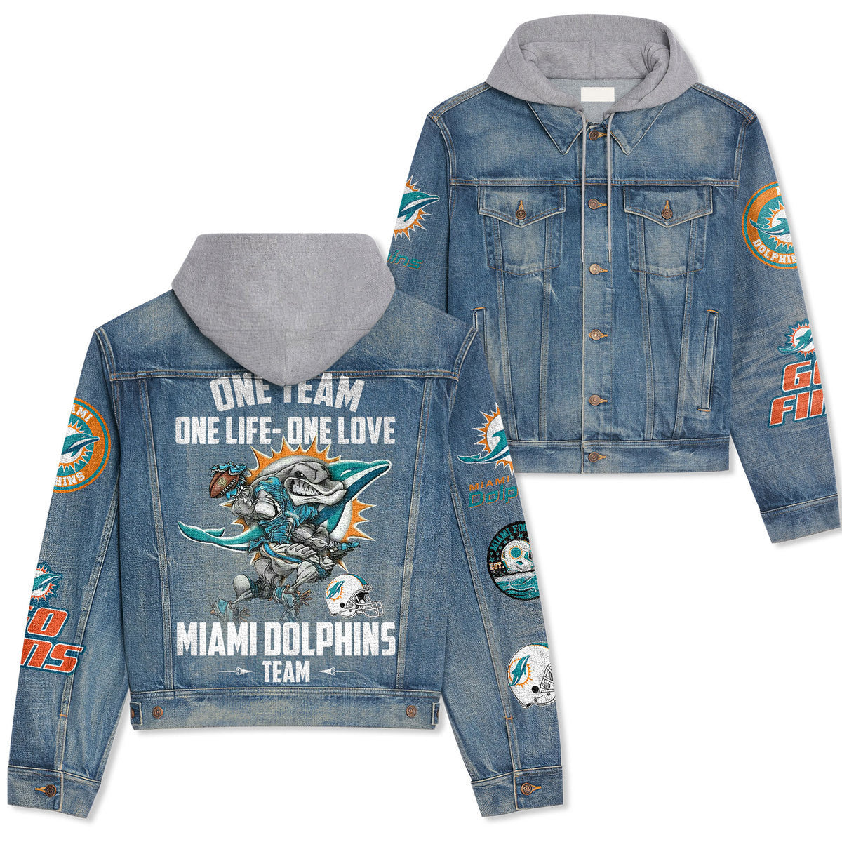 Miami Dolphins Premium Hooded Denim Jacket New Collection AZBTHDJ000005