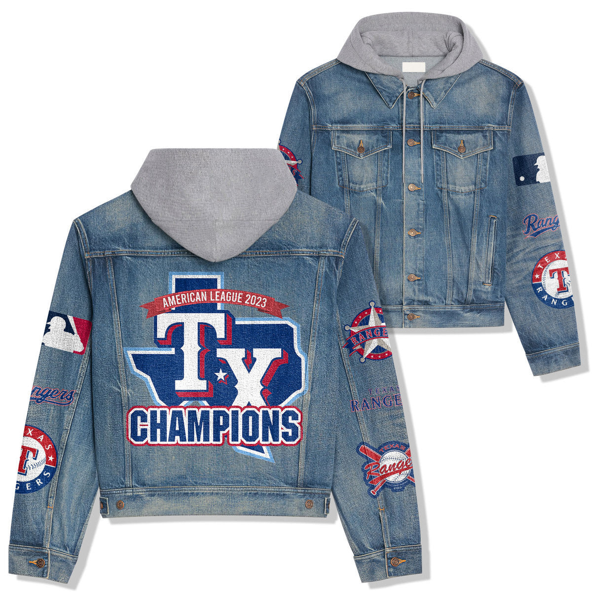 Texas Rangers Premium Hooded Denim Jacket New Collection AZBTHDJ000530
