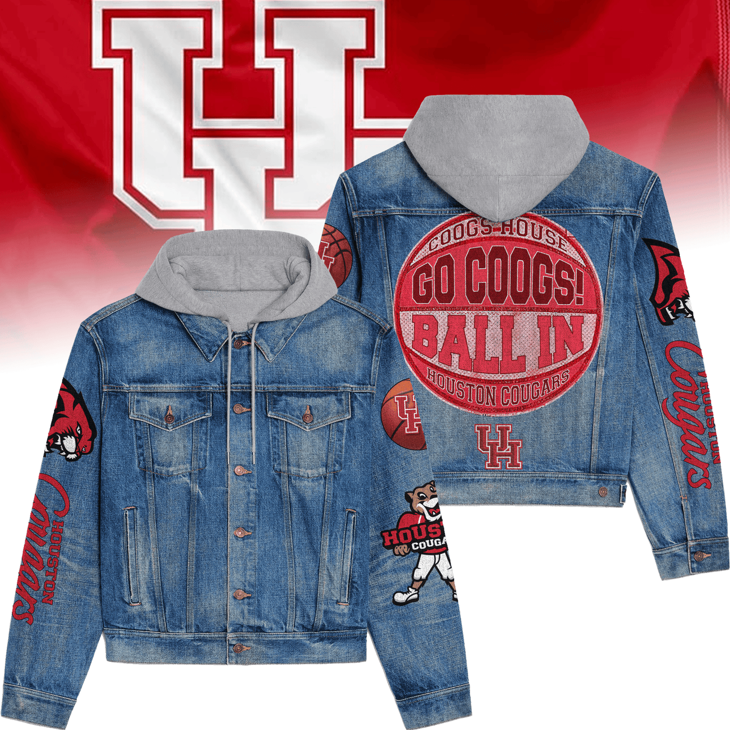 Houston Cougars Premium Hooded Denim Jacket New Collection AZBTHDJ000314