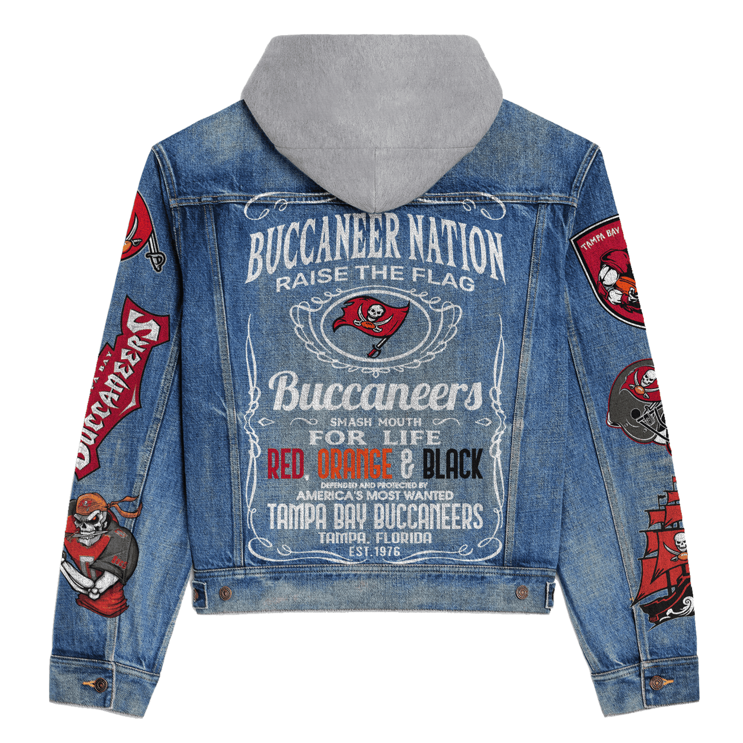 Tampa Bay Buccaneers Premium Hooded Denim Jacket New Collection AZBTHDJ000134
