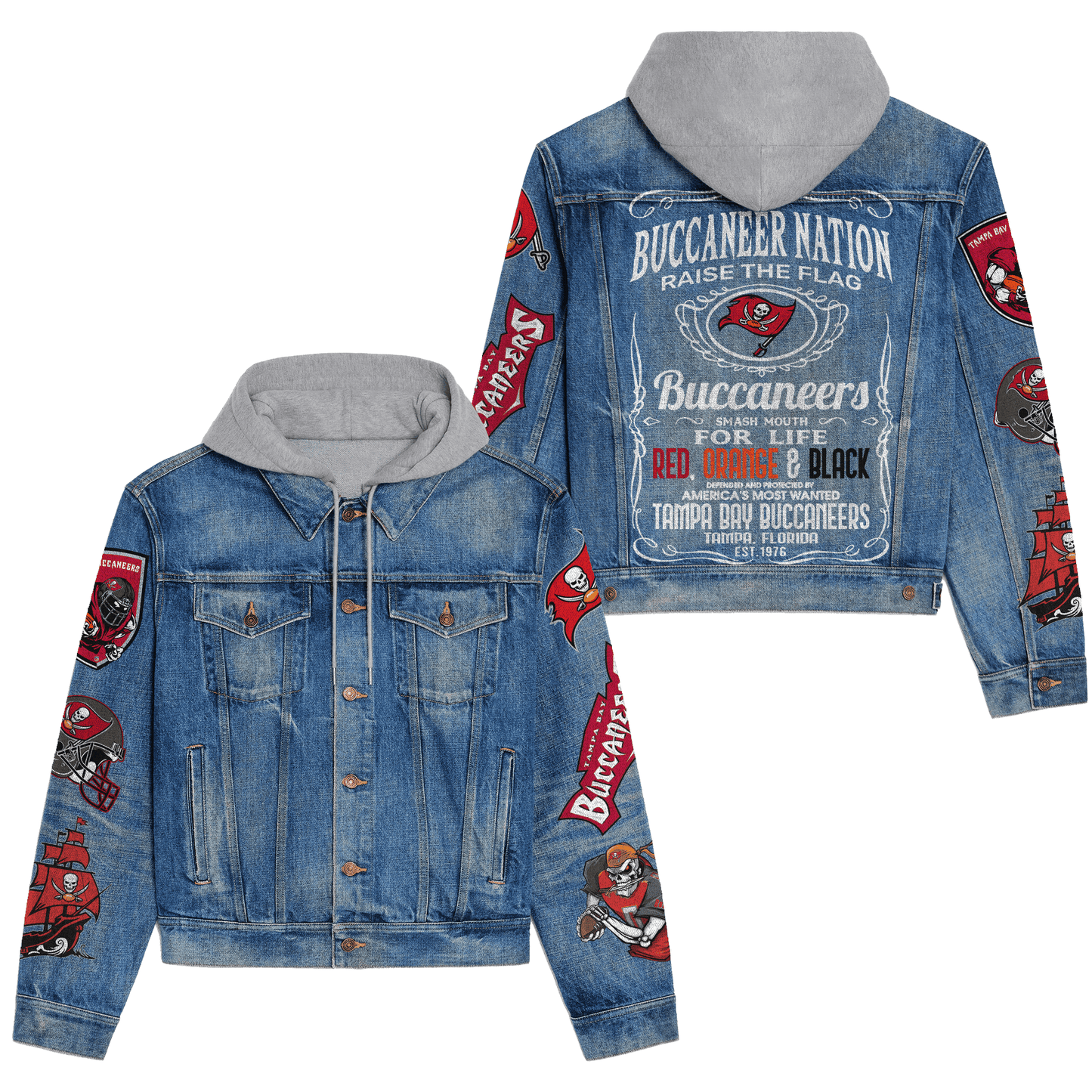 Tampa Bay Buccaneers Premium Hooded Denim Jacket New Collection AZBTHDJ000134