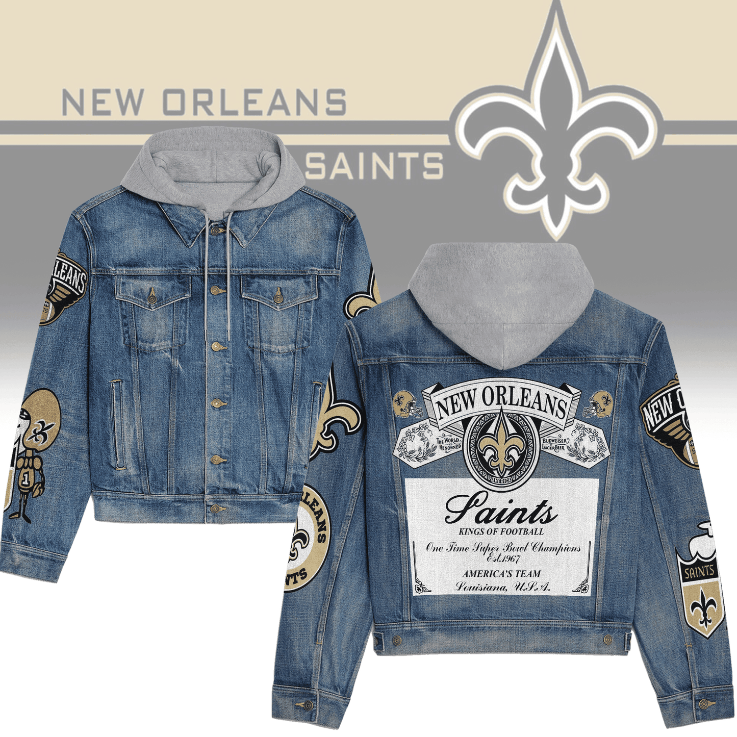 New Orleans Saints Premium Hooded Denim Jacket New Collection AZBTHDJ000136