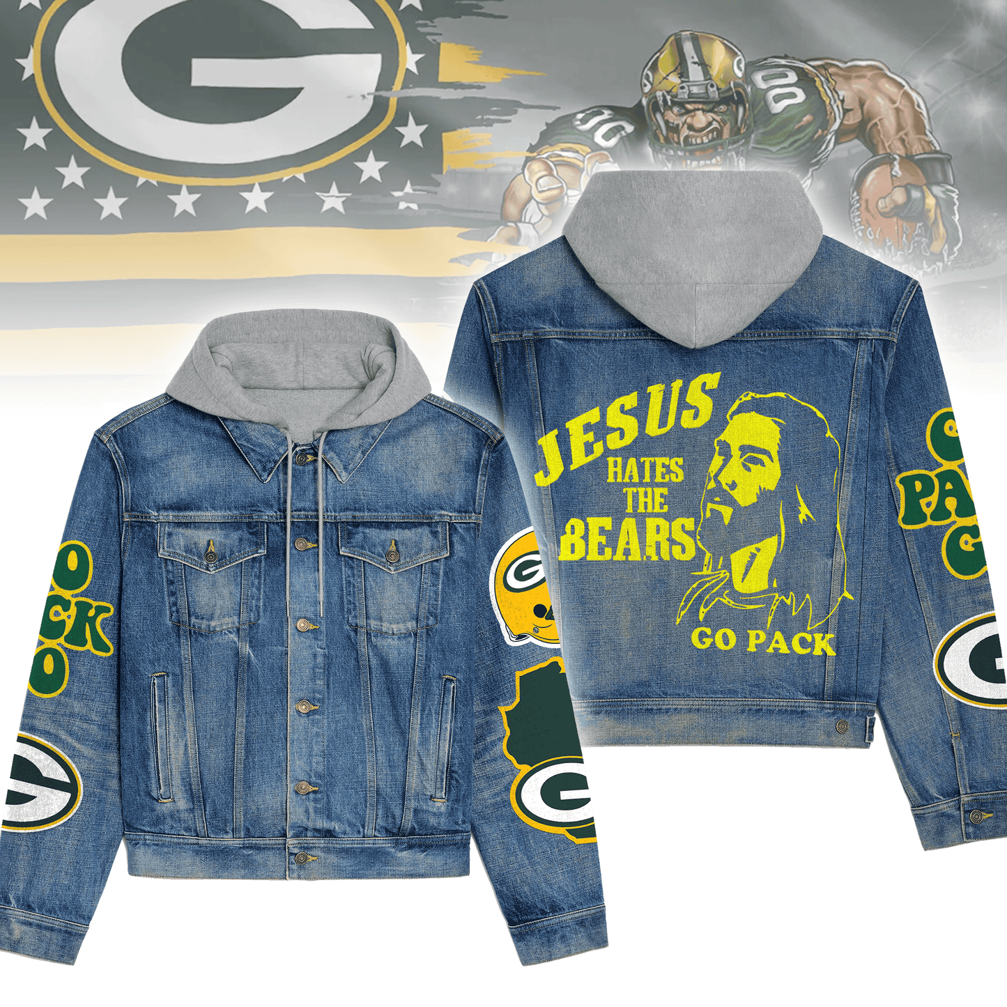 Green Bay Packers Premium Hooded Denim Jacket New Collection AZBTHDJ000086