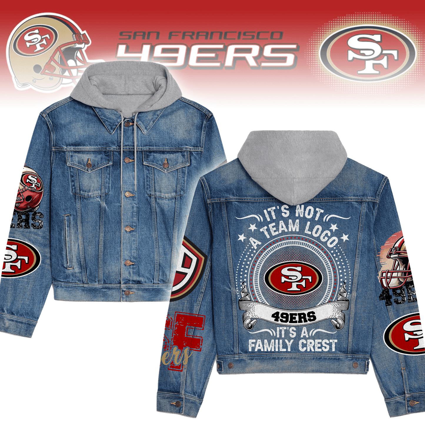 San Francisco 49ers Premium Hooded Denim Jacket New Collection AZBTHDJ000092