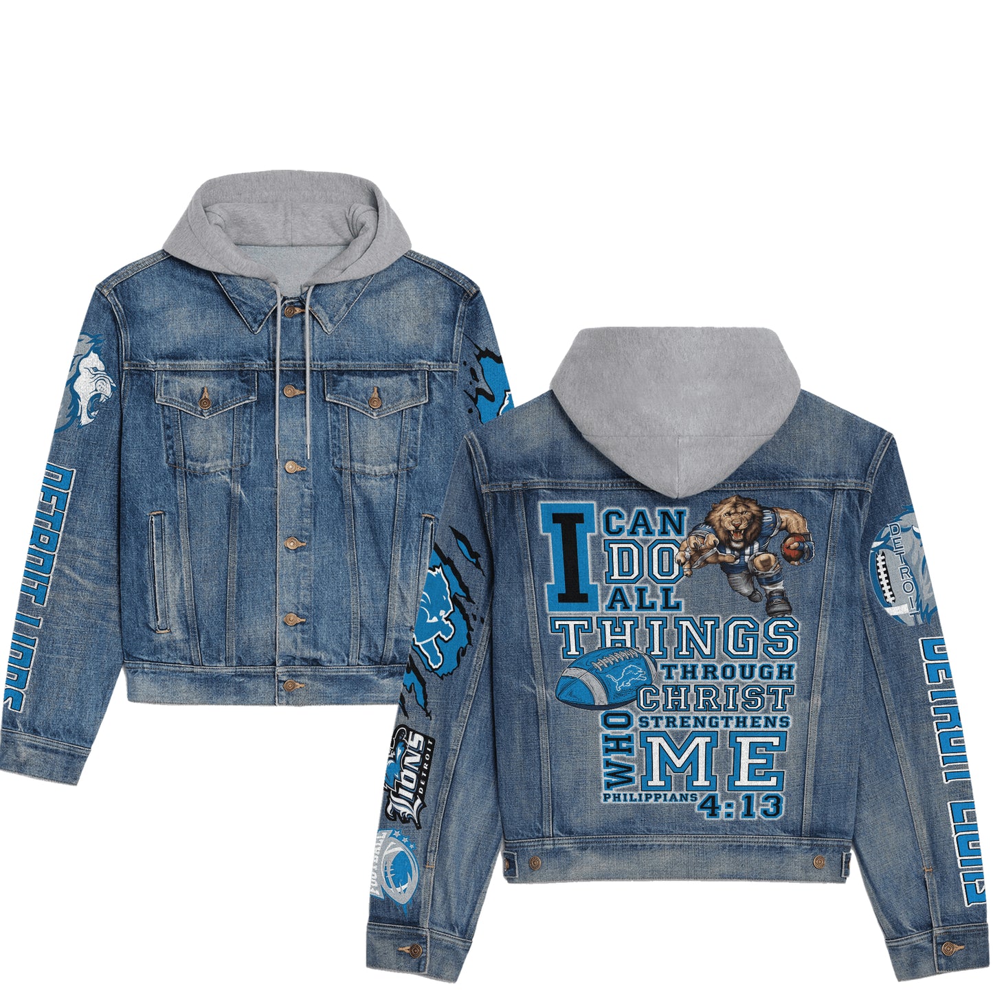 Detroit Lions Premium Hooded Denim Jacket New Collection AZBTHDJ000105