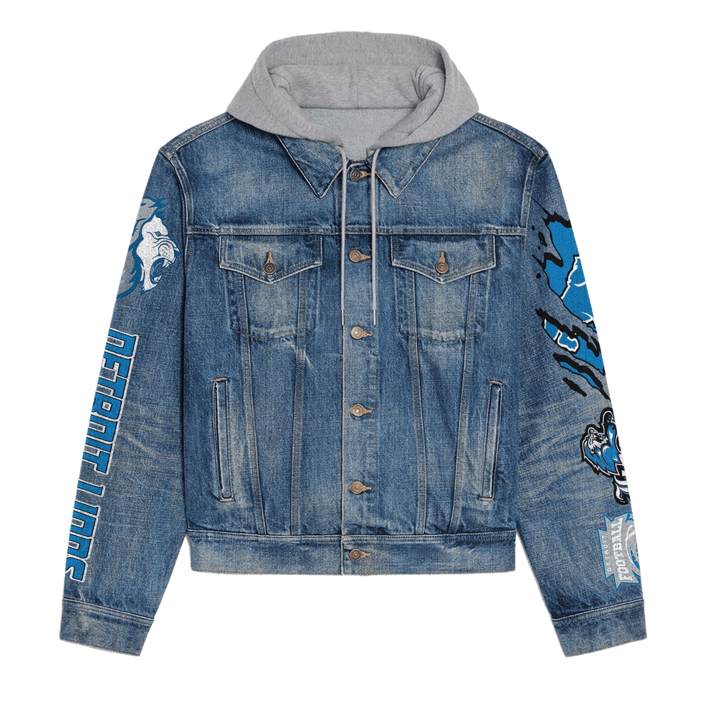 Detroit Lions Premium Hooded Denim Jacket New Collection AZBTHDJ000105