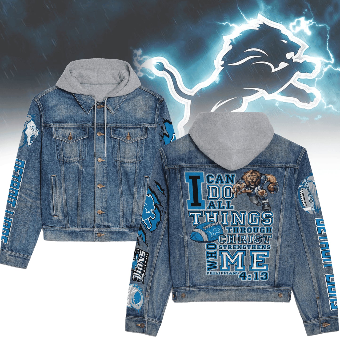 Detroit Lions Premium Hooded Denim Jacket New Collection AZBTHDJ000105
