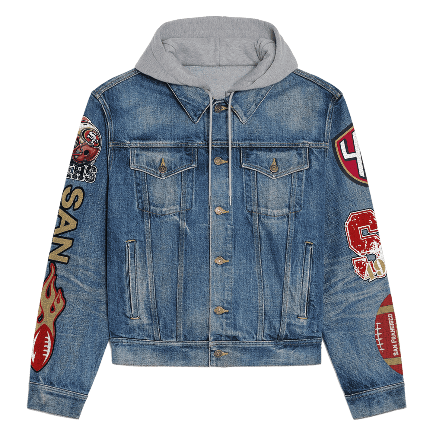 San Francisco 49ers Premium Hooded Denim Jacket New Collection AZBTHDJ000106
