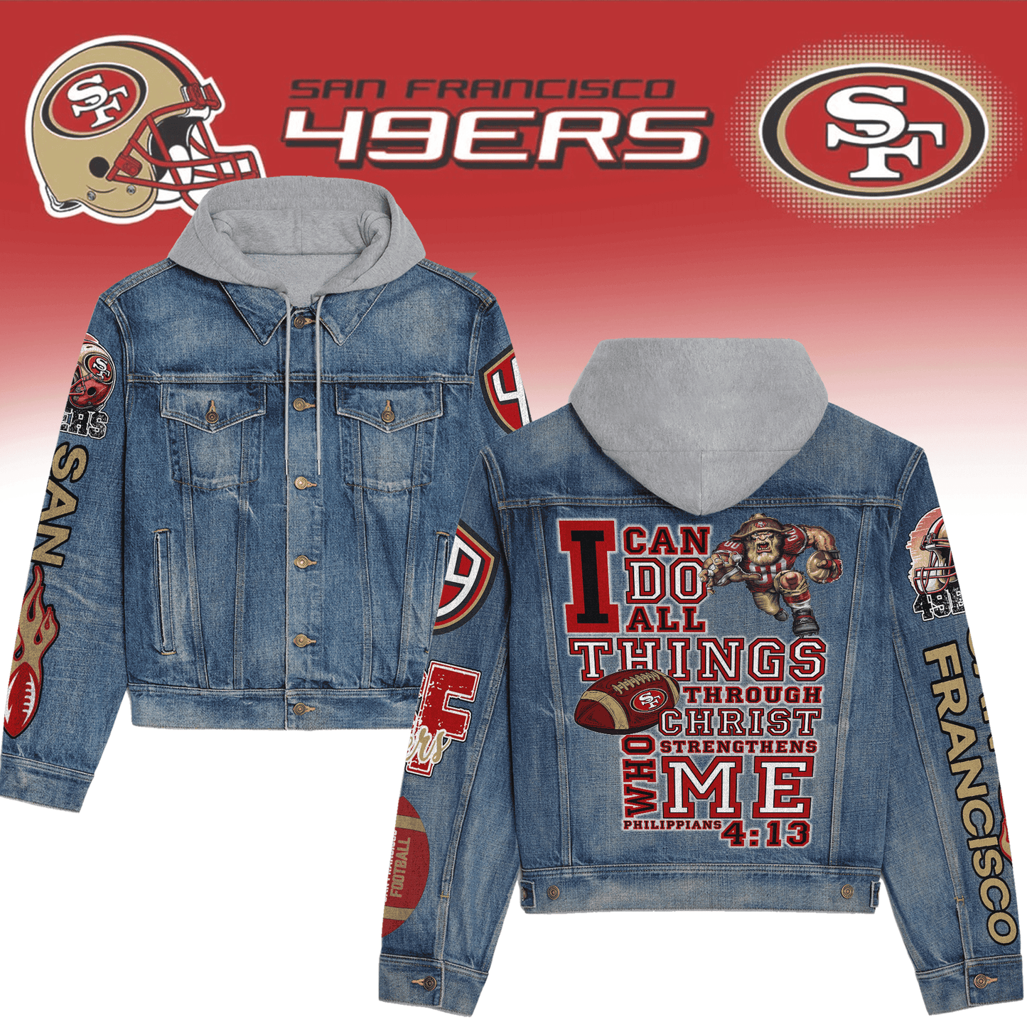San Francisco 49ers Premium Hooded Denim Jacket New Collection AZBTHDJ000106