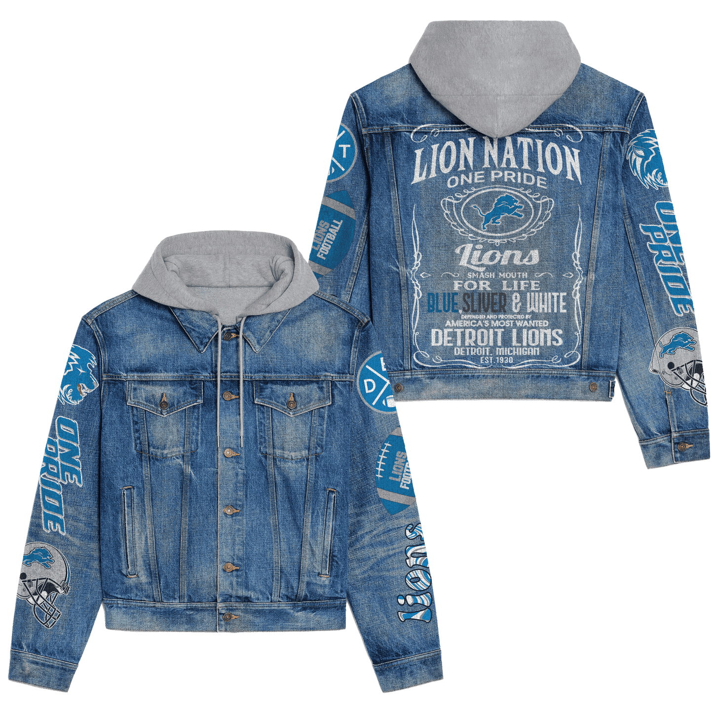 Detroit Lions Premium Hooded Denim Jacket New Collection AZBTHDJ000112