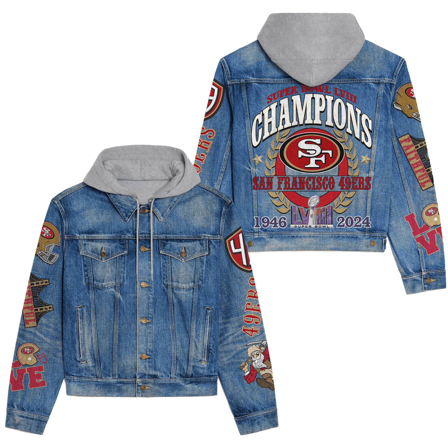 San Francisco 49ers Premium Hooded Denim Jacket New Collection AZBTHDJ000124