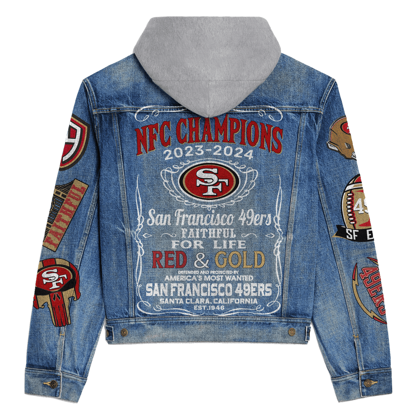 San Francisco 49ers Premium Hooded Denim Jacket New Collection AZBTHDJ000145